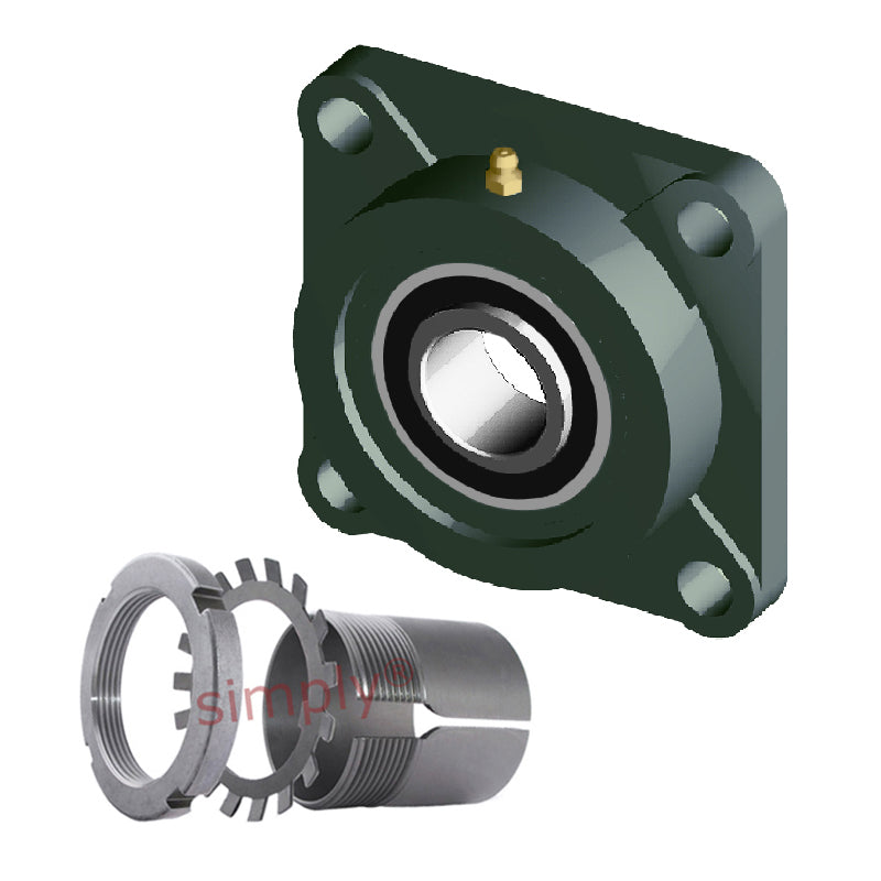 NTN UKF206D1/HE2306X Imperial Four Bolt Square Cast Iron Housing Insert and Adaptor Sleeve Fits 1 inch Shaft - Allow 2-3 Days