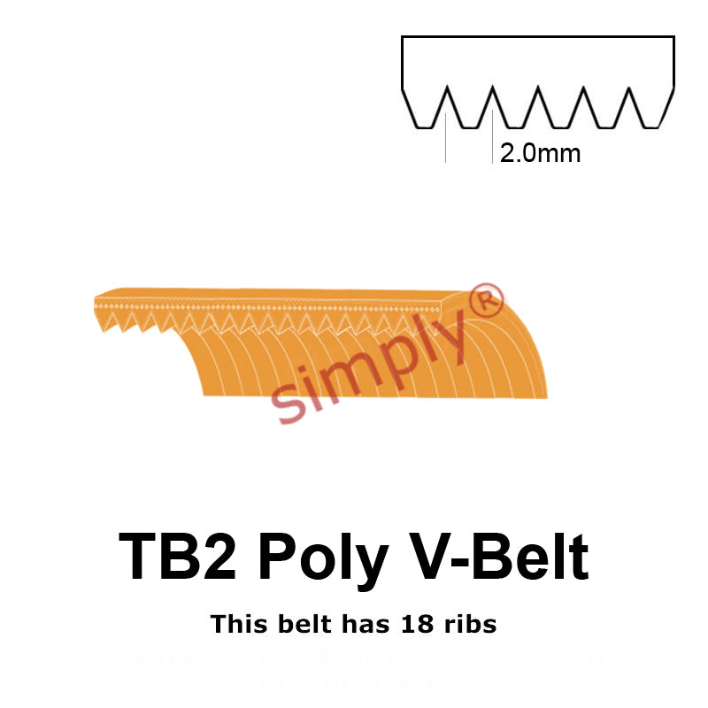 TB2-380 Megadyne Megarib Polyurethane Poly V-Belt 380mm/15 inch Length - 18 Ribs - Allow 2-3 Days