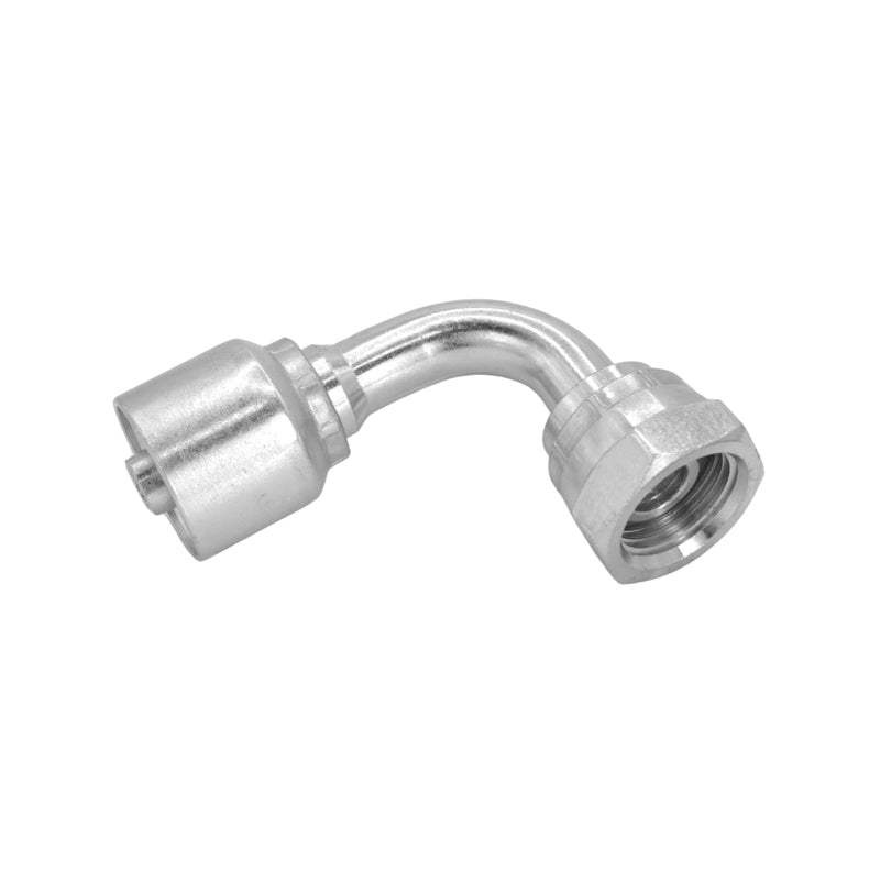 FLEXEQUIP 3/4 inch BSP Female One Piece Hose Fitting with 90 Degree Angle 60 Degree Cone and 32mm Crimp Nut - Allow 2-3 Days