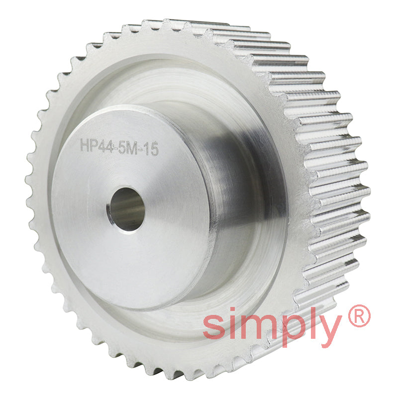 P44-5M-15 - 5mm Pitch 44 Tooth Flangeless HTD Type Aluminium Pilot Bore Timing Pulley for 15mm Wide Belts