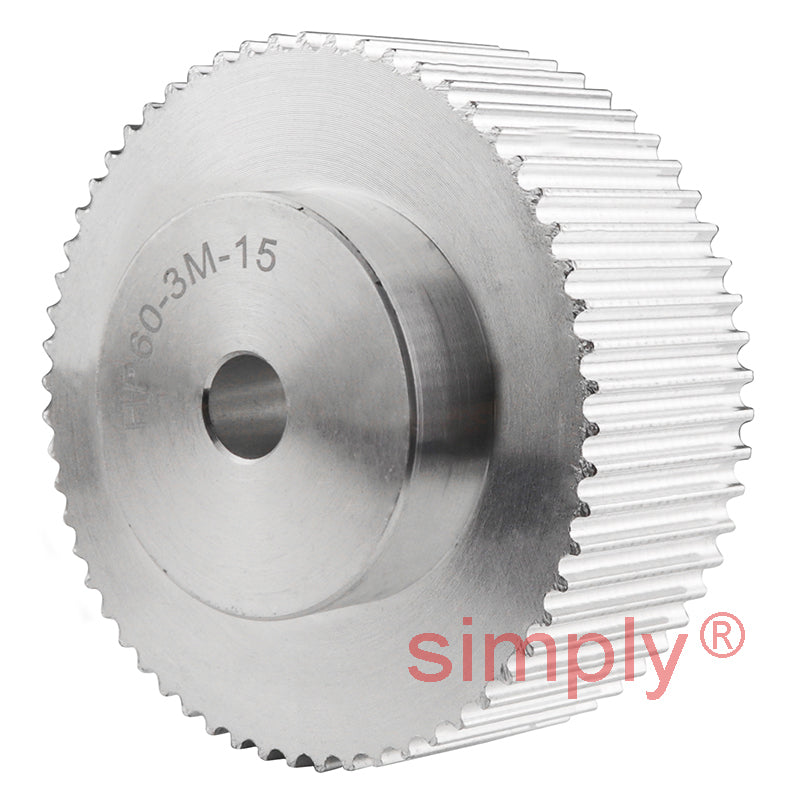 P60-3M-15 - 3mm Pitch 60 Tooth Flangeless HTD Type Aluminium Pilot Bore Timing Pulley for 15mm Wide Belts
