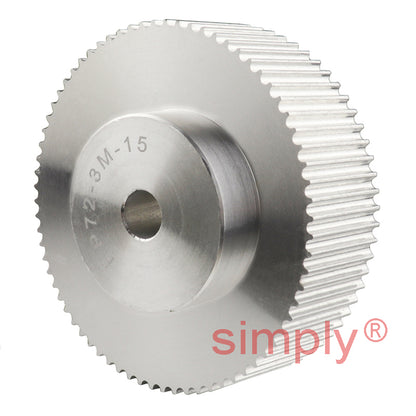 P72-3M-15 - 3mm Pitch 72 Tooth Flangeless HTD Type Aluminium Pilot Bore Timing Pulley for 15mm Wide Belts