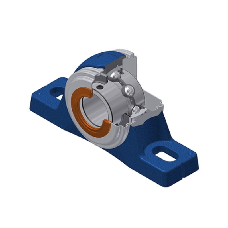 SNR UCPLE202CC Metric Cast Iron Two Bolt Pillow / Plummer Block Housing with 15mm Bore Insert with Narrow Steel Plate Cover - Closed Version - Allow 2-3 Days