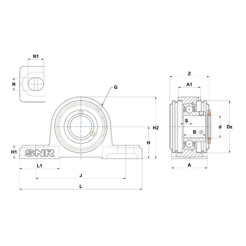 SNR USP203CC Metric Cast Iron Two Bolt Pillow / Plummer Block Housing with 17mm Bore Insert with Narrow Steel Plate Cover - Closed Version - Allow 2-3 Days