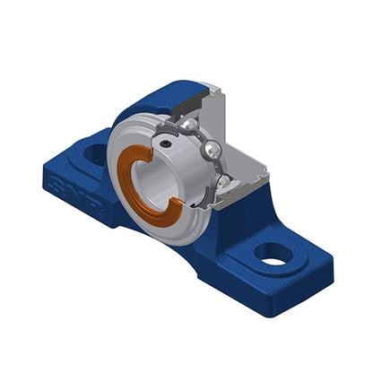 SNR USP202CO Metric Cast Iron Two Bolt Pillow / Plummer Block Housing with 15mm Bore Insert with Narrow Steel Plate Cover - Open Version - Allow 2-3 Days