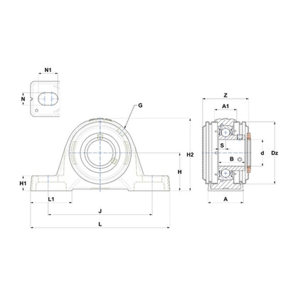 SNR USPE201CC Metric Cast Iron Two Bolt Pillow / Plummer Block Housing with 12mm Bore Insert with Narrow Steel Plate Cover - Closed Version - Allow 2-3 Days
