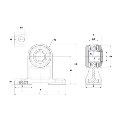 SNR USPH204CC Metric Cast Iron High Centre Height Two Bolt Pillow / Plummer Block Housing with 20mm Bore Insert with Narrow Steel Plate Cover - Closed Version - Allow 2-3 Days