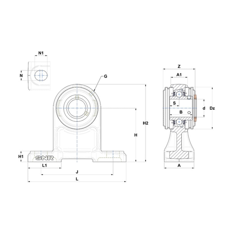 SNR USPH208CO Metric Cast Iron High Centre Height Two Bolt Pillow / Plummer Block Housing with 40mm Bore Insert with Narrow Steel Plate Cover - Open Version - Allow 2-3 Days